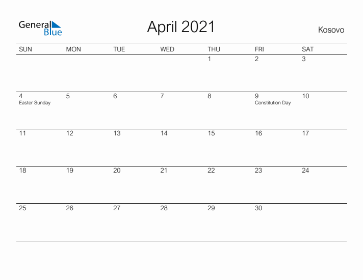 Printable April 2021 Calendar for Kosovo