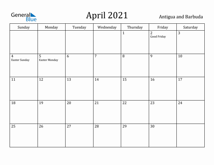 April 2021 Calendar Antigua and Barbuda