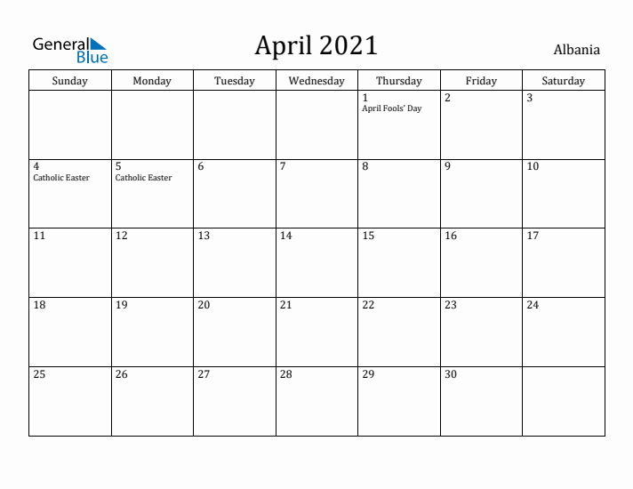 April 2021 Calendar Albania