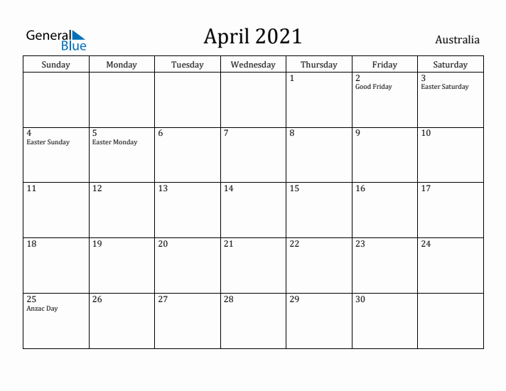 April 2021 Calendar Australia