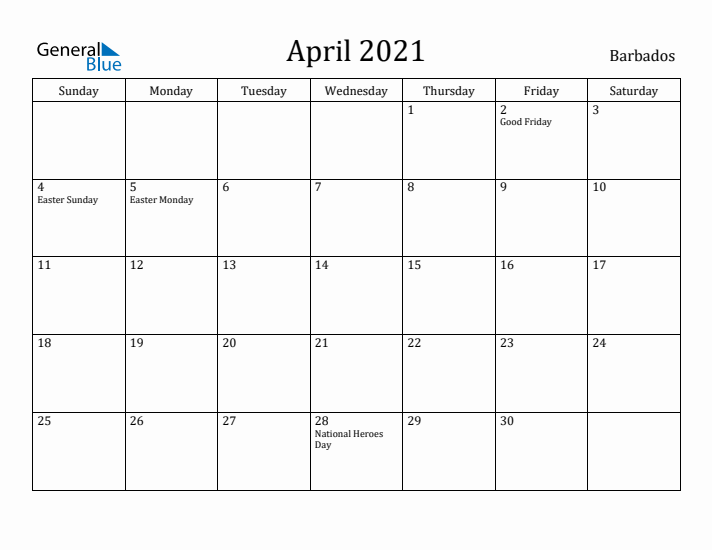 April 2021 Calendar Barbados