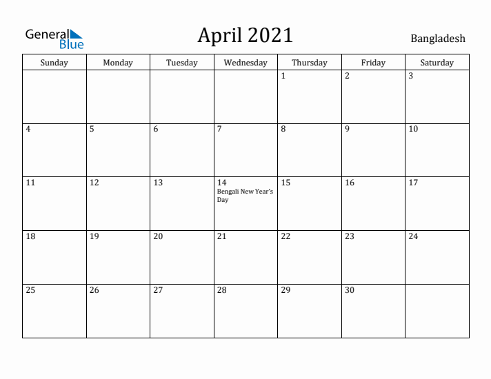 April 2021 Calendar Bangladesh