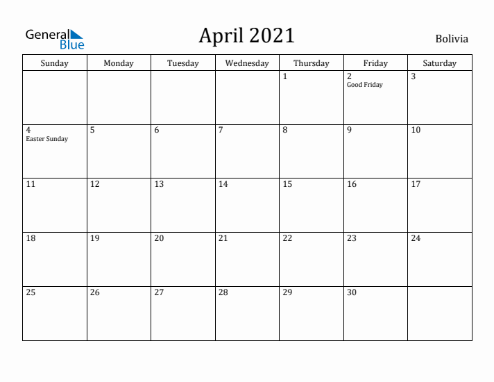 April 2021 Calendar Bolivia