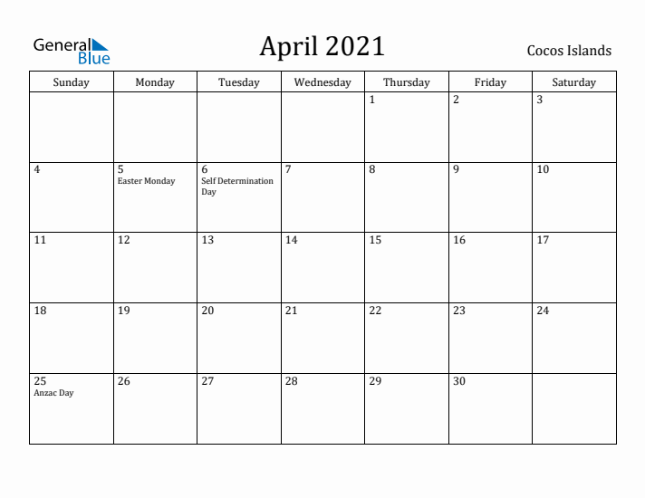 April 2021 Calendar Cocos Islands