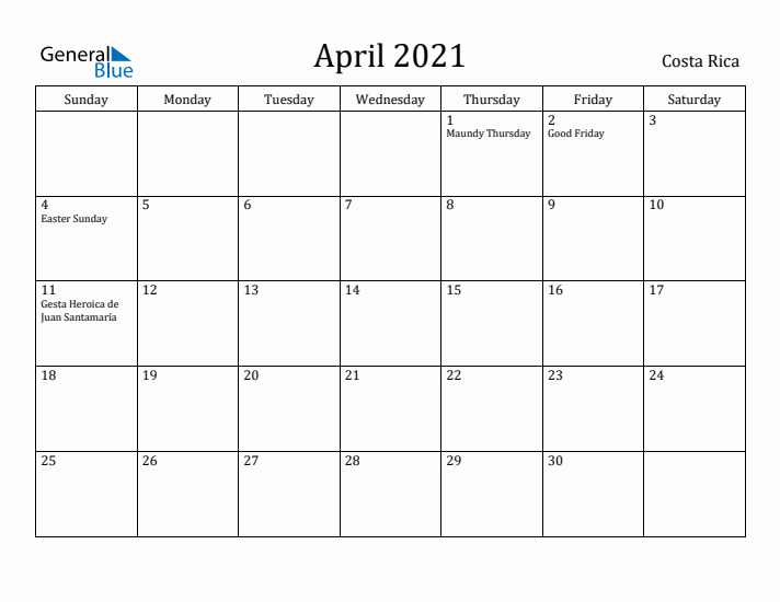 April 2021 Calendar Costa Rica