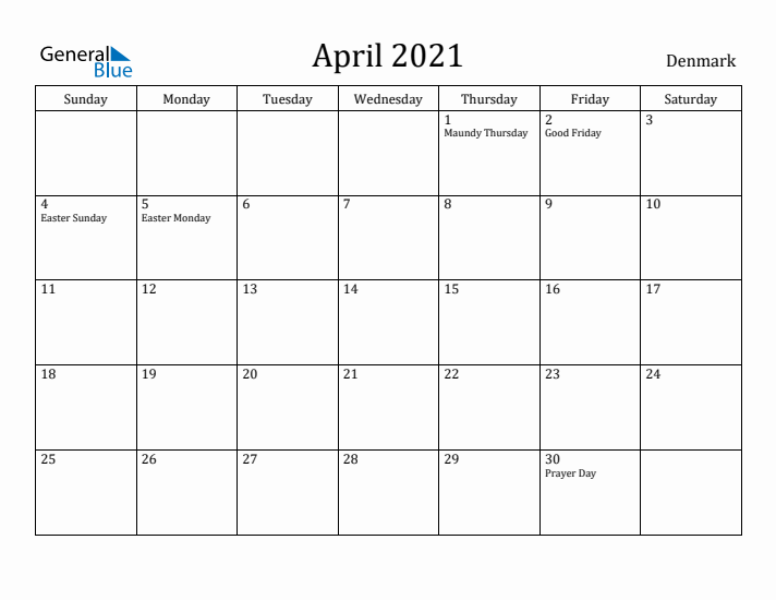 April 2021 Calendar Denmark