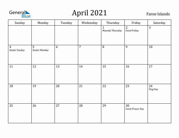 April 2021 Calendar Faroe Islands