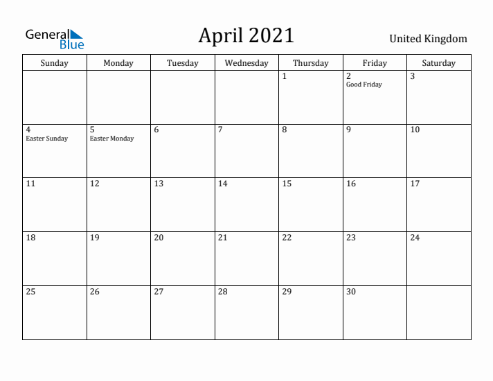 April 2021 Calendar United Kingdom