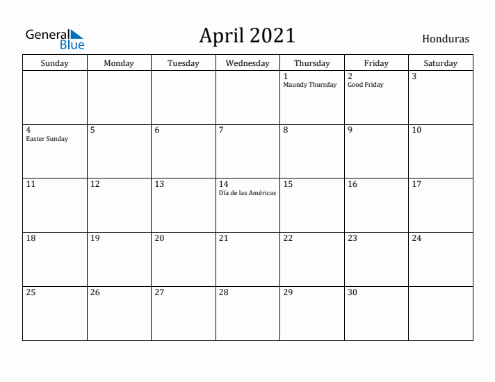 April 2021 Calendar Honduras