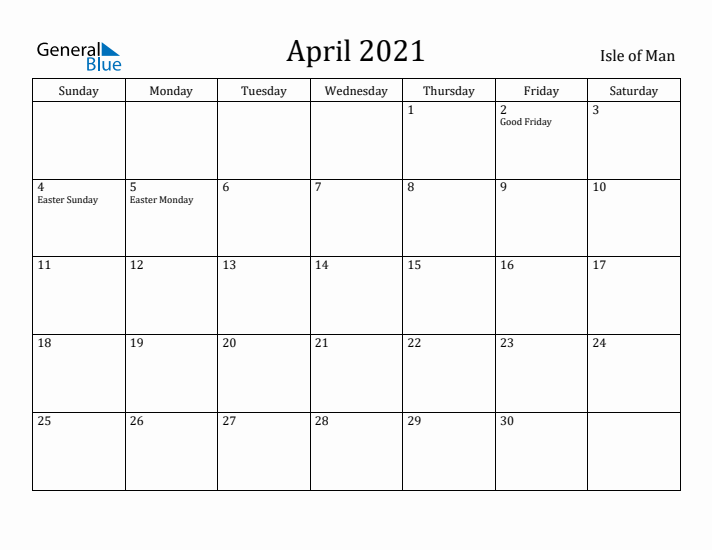 April 2021 Calendar Isle of Man