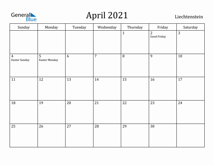 April 2021 Calendar Liechtenstein