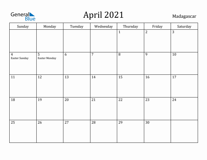 April 2021 Calendar Madagascar