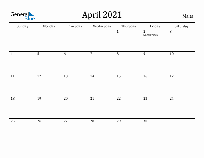 April 2021 Calendar Malta