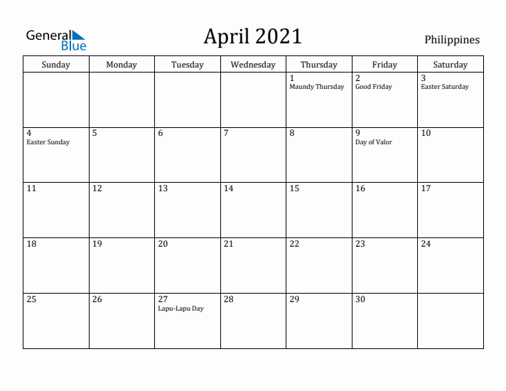 April 2021 Calendar Philippines