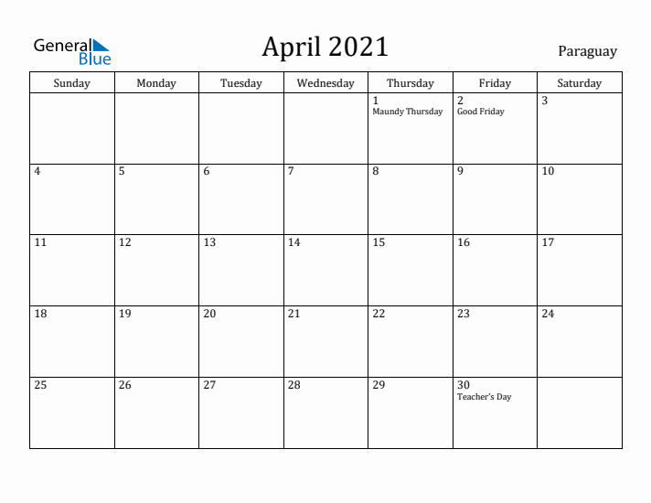 April 2021 Calendar Paraguay