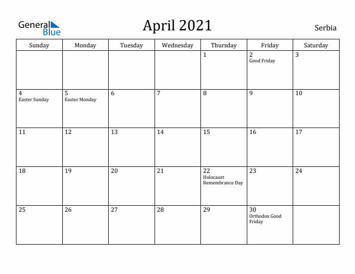 April 2021 Calendar Serbia