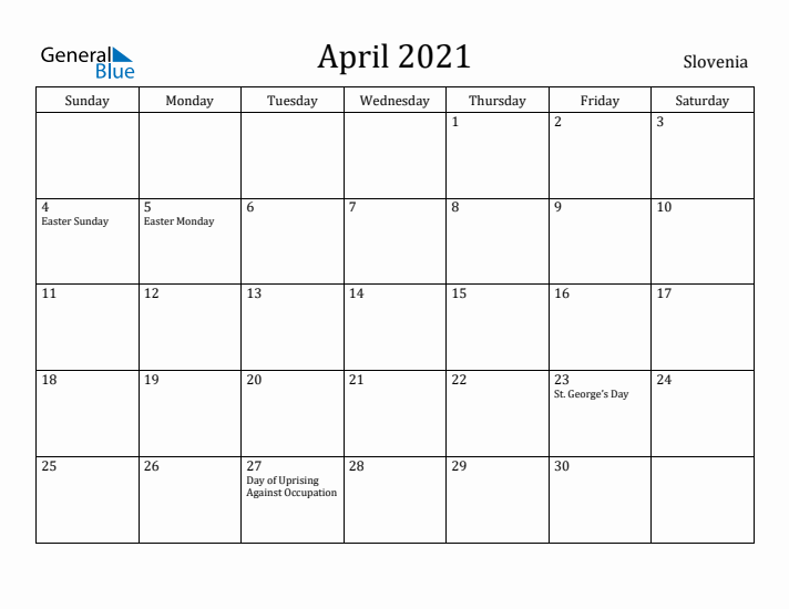 April 2021 Calendar Slovenia