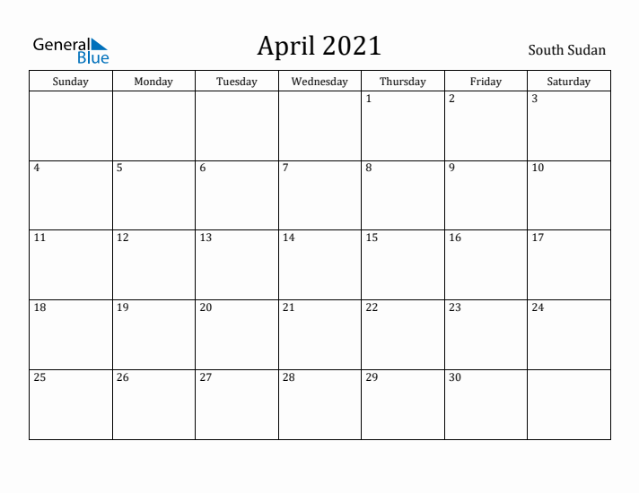 April 2021 Calendar South Sudan