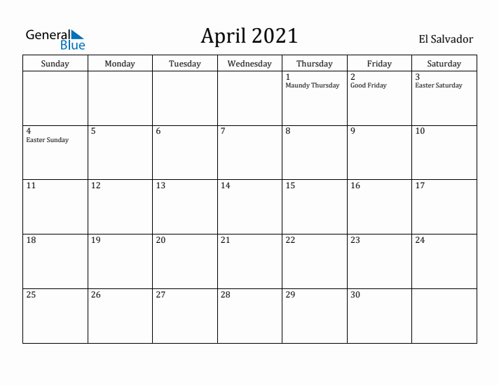 April 2021 Calendar El Salvador