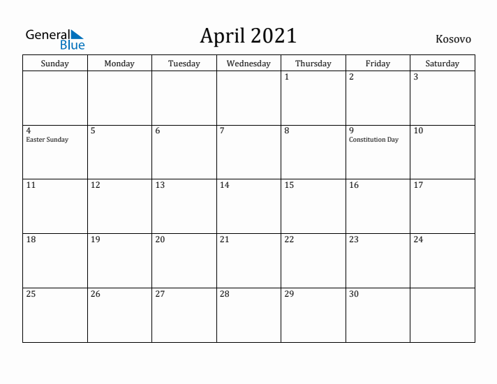 April 2021 Calendar Kosovo