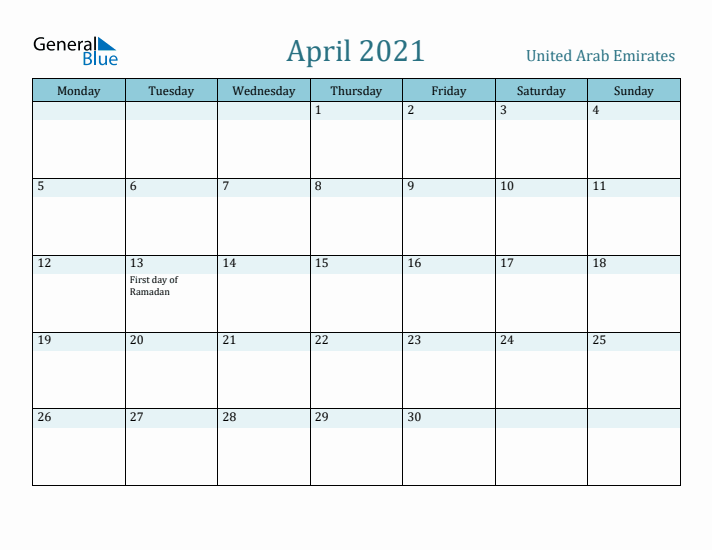 April 2021 Calendar with Holidays