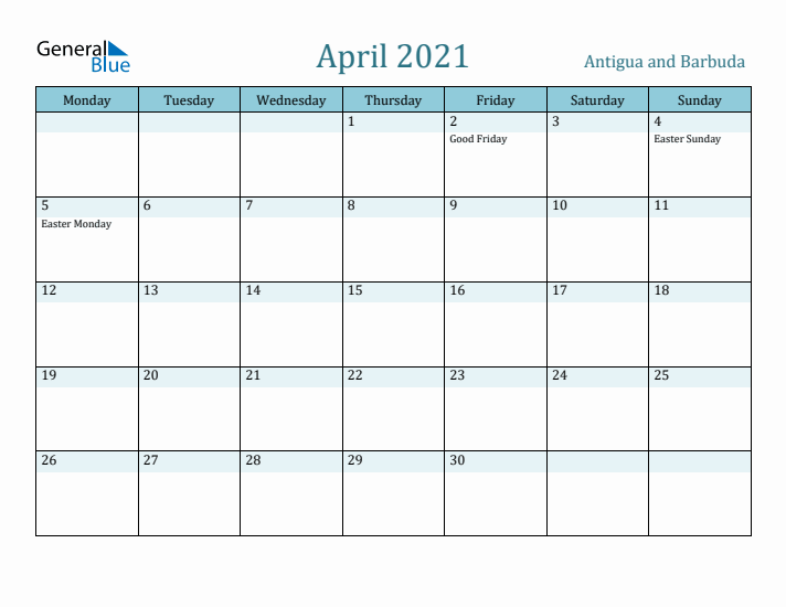 April 2021 Calendar with Holidays