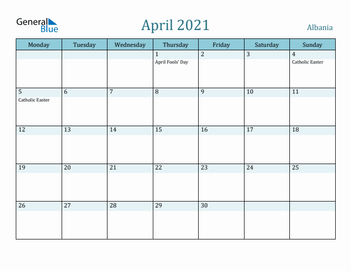 April 2021 Calendar with Holidays