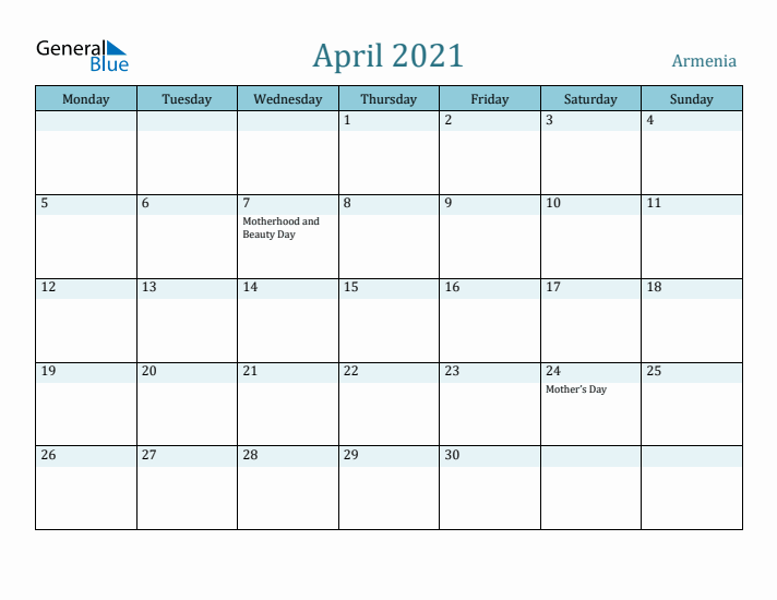 April 2021 Calendar with Holidays