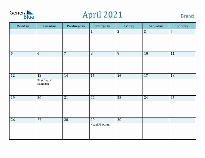 April 2021 Calendar with Holidays