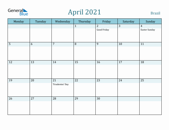 April 2021 Calendar with Holidays