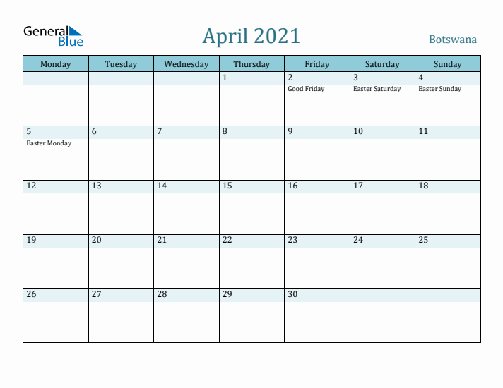 April 2021 Calendar with Holidays