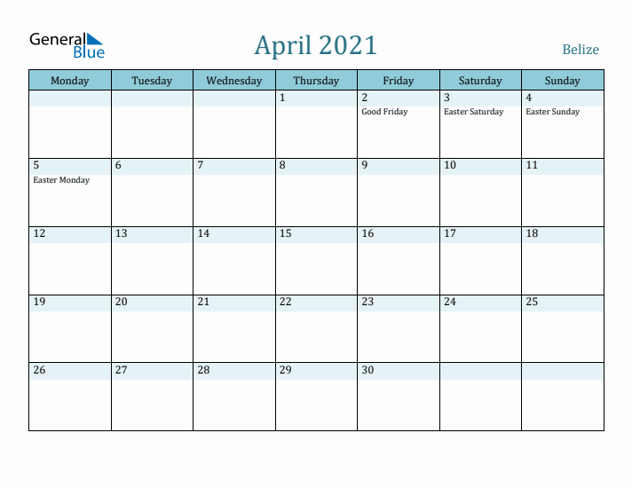 April 2021 Calendar with Holidays