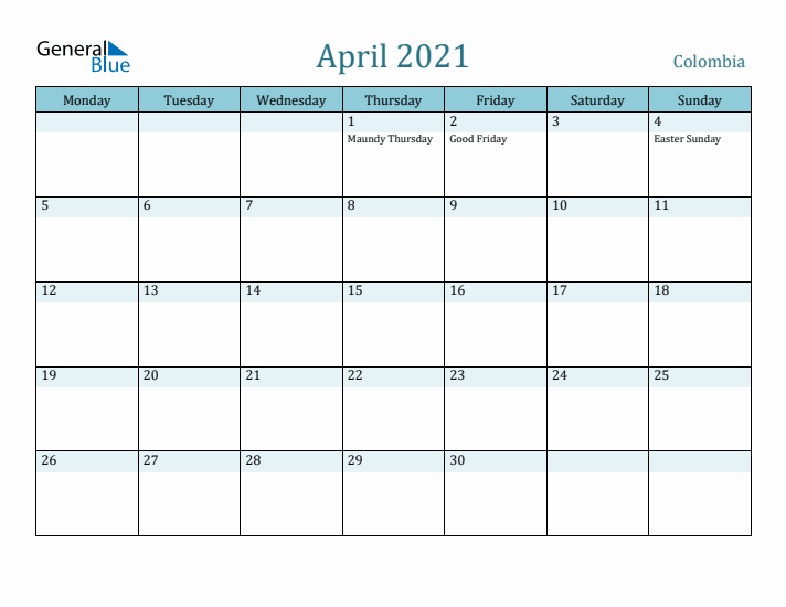 April 2021 Calendar with Holidays