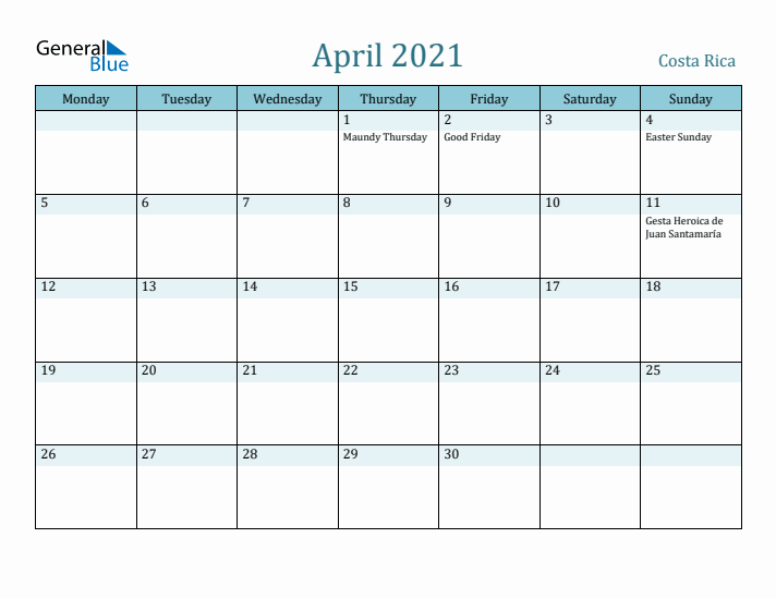 April 2021 Calendar with Holidays