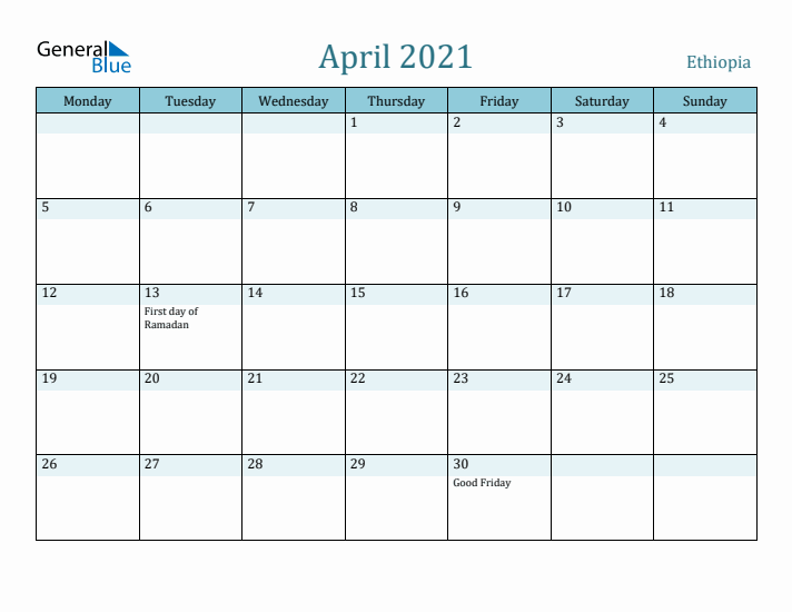 April 2021 Calendar with Holidays