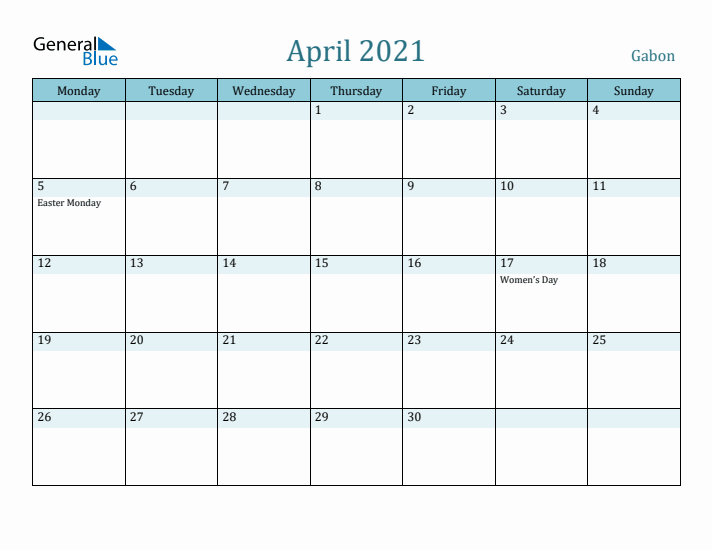 April 2021 Calendar with Holidays