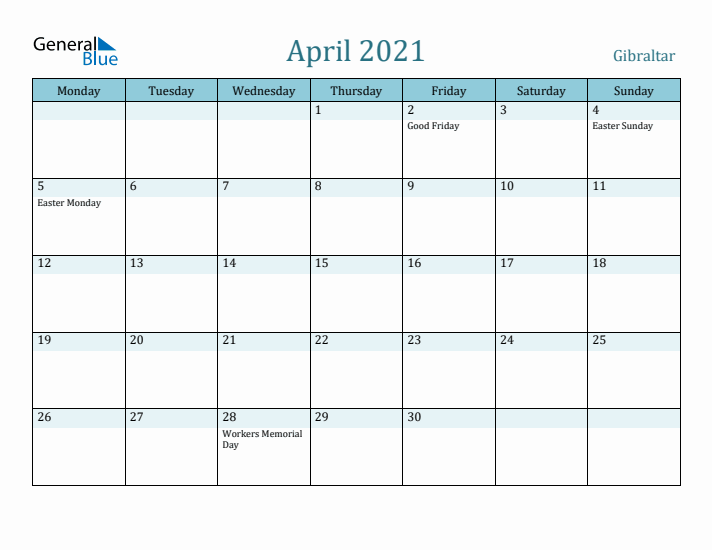 April 2021 Calendar with Holidays