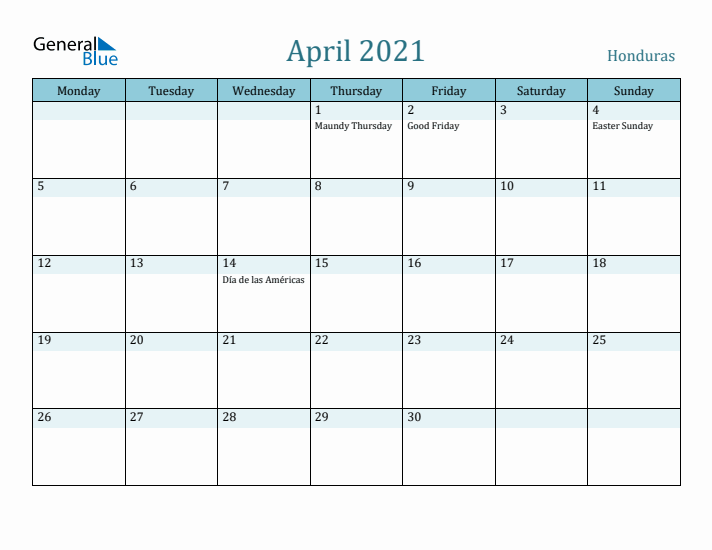 April 2021 Calendar with Holidays