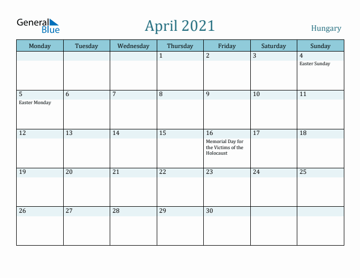 April 2021 Calendar with Holidays