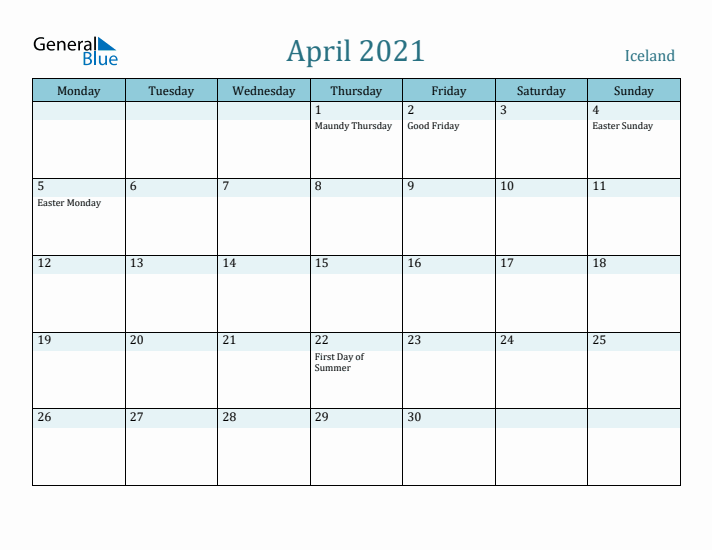 April 2021 Calendar with Holidays