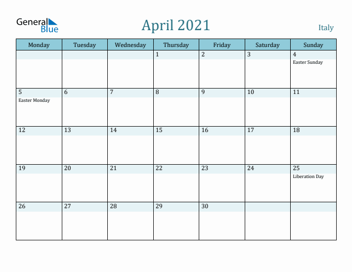 April 2021 Calendar with Holidays