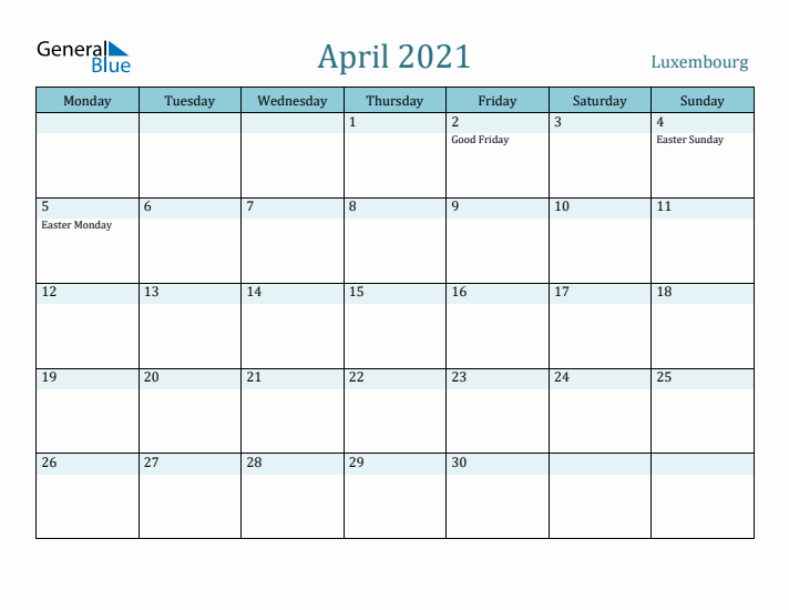 April 2021 Calendar with Holidays