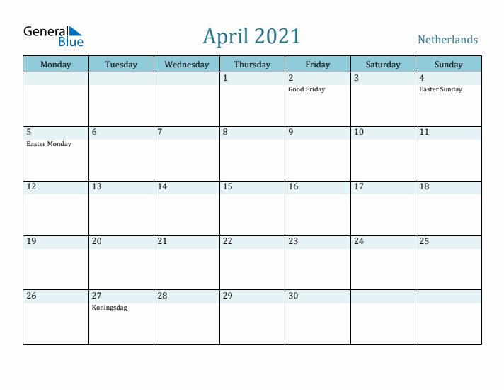 April 2021 Calendar with Holidays