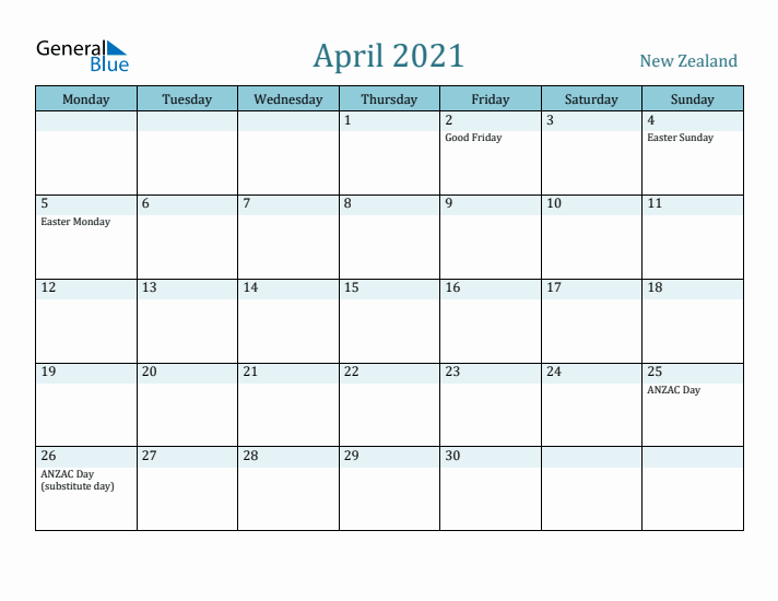 April 2021 Calendar with Holidays