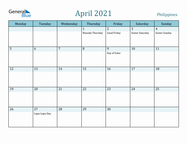 April 2021 Calendar with Holidays