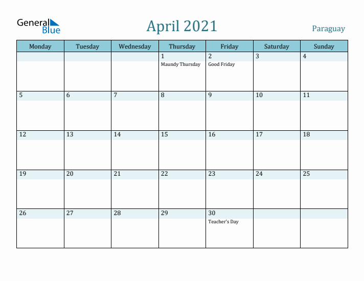 April 2021 Calendar with Holidays