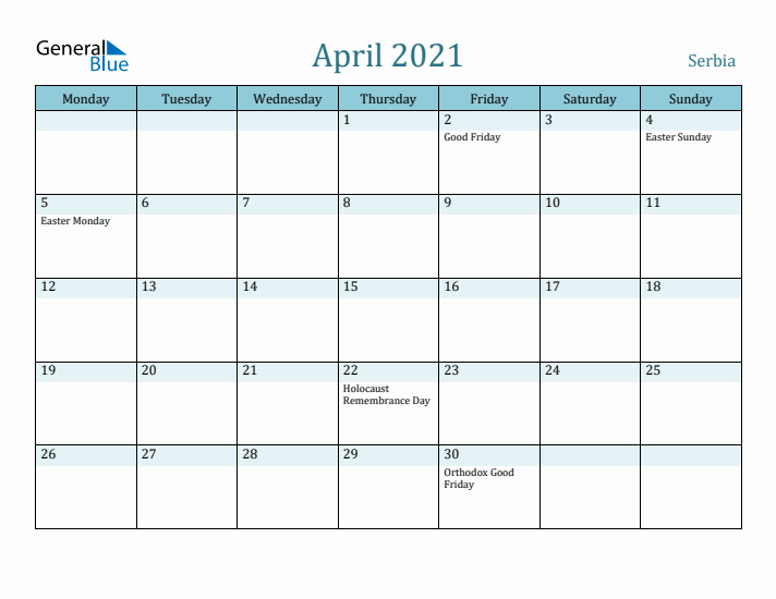 April 2021 Calendar with Holidays