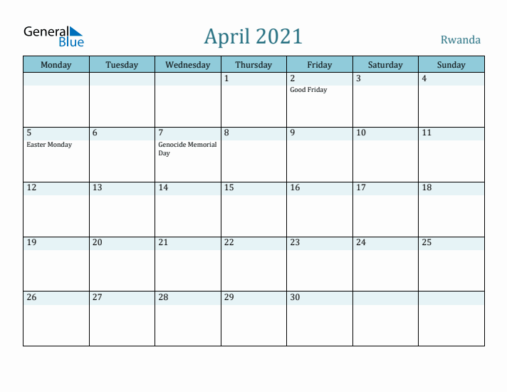 April 2021 Calendar with Holidays