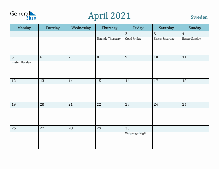 April 2021 Calendar with Holidays