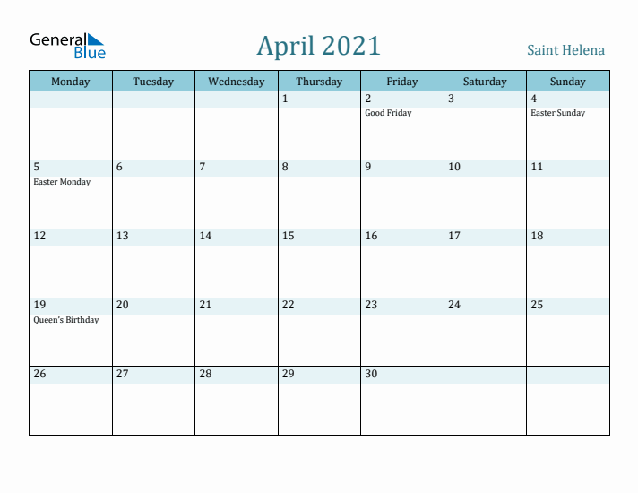 April 2021 Calendar with Holidays